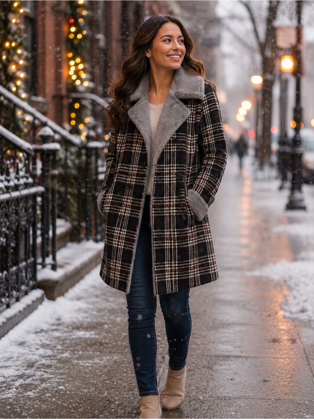 NVLT Plaid Pea Coat with Faux-Shearling Collar - navy blue w/red and white